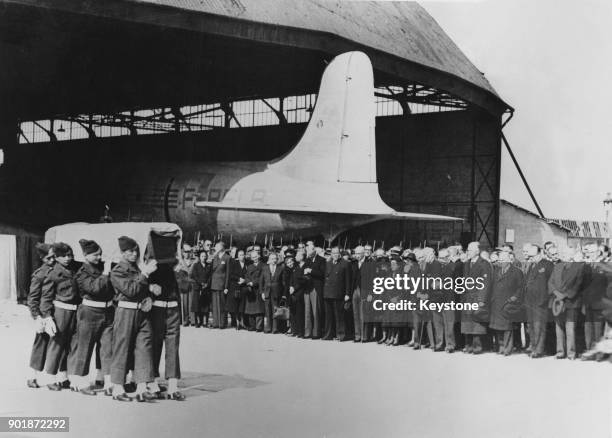 The coffins containing the bodies of UN mediator Folke Bernadotte and French officer Colonel André Serot, who were assassinated in Jerusalem, are...