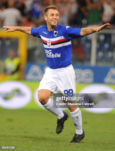 Antonio Cassano celebrates his third goal during the Serie A match between UC Sampdoria and Udinese Calcio at the Luigi Ferraris Stadium on August...