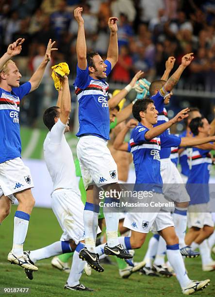 Players of UC Sampdoria celebrate the victory after the Serie A match between UC Sampdoria and Udinese Calcio at the Luigi Ferraris Stadium on August...