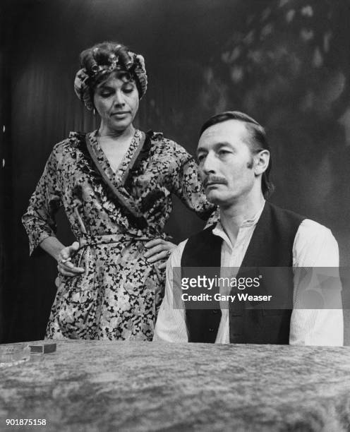 English actress Honor Blackman and actor John Neville as an unhappily married couple in the musical 'Mr & Mrs' at the Palace Theatre on Cambridge...