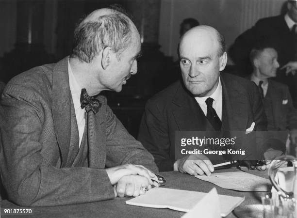From left to right, Francis Biddle of the USA and Geoffrey Lawrence of the UK at the first meeting of the International Military Tribunal for major...