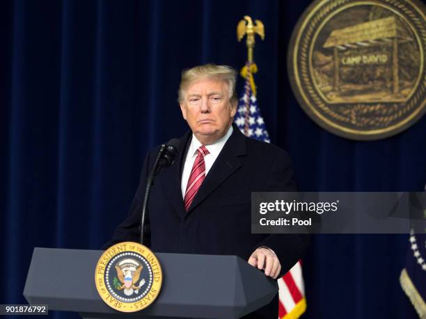 President Donald Trump speaks to the press after holding meetings at Camp David on January 6, 2018 in Thurmont, Maryland. President Trump met with...