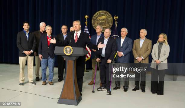 President Donald Trump speaks to the press after holding meetings at Camp David on January 6, 2018 in Thurmont, Maryland. President Trump met with...