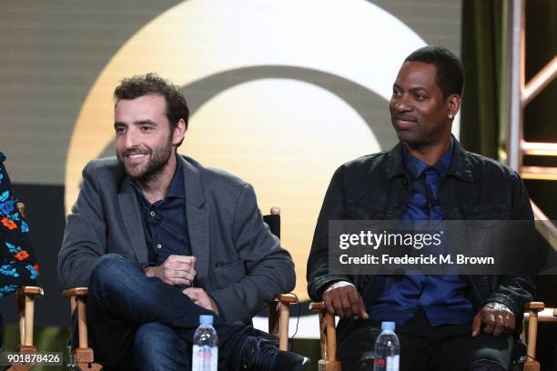 Actors David Krumholtz and Tony Rock of the television show Living Biblically speak onstage during the CBS/Showtime portion of the 2018 Winter...