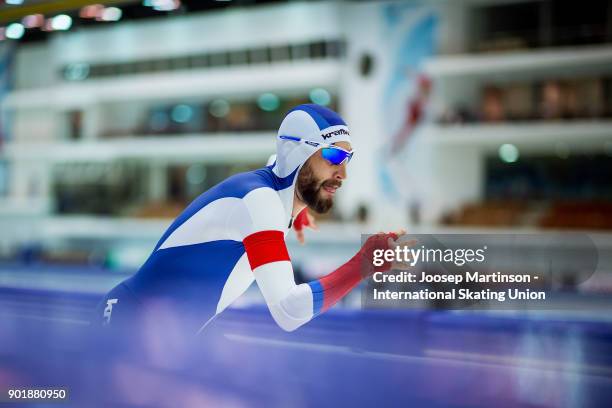 Alexander Rumyantsev of Russia competes in the Men's 5000m during day two of the European Speed Skating Championships at the Moscow Region Speed...