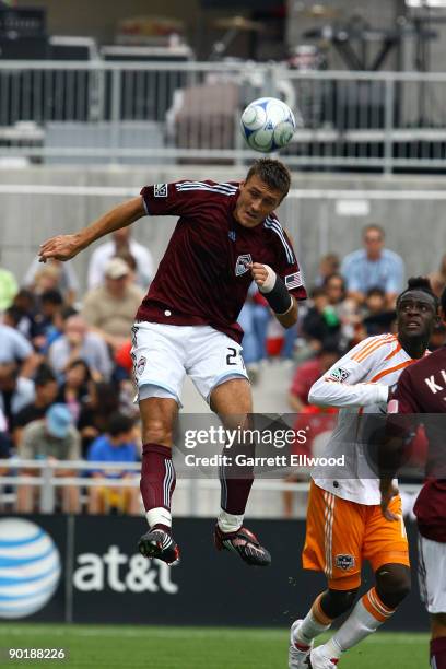 Julien Baudet of the Colorado Rapids heads the ball against the Houston Dynamo on August 30, 2009 at Dicks Sporting Goods Park in Commerce City,...