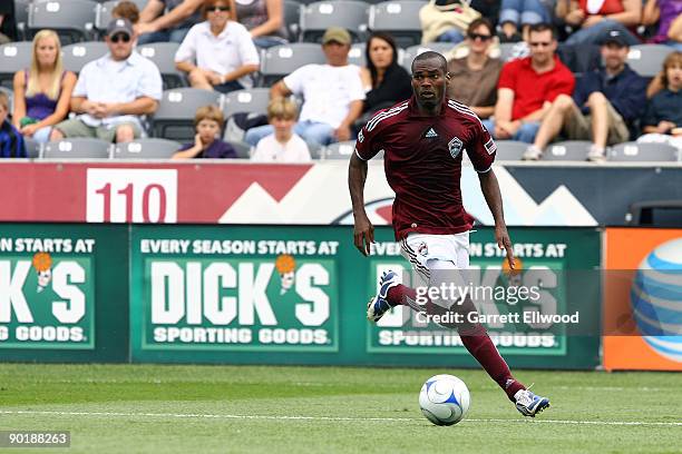 Omar Cummings of the Colorado Rapids controls the ball against the Houston Dynamo on August 30, 2009 at Dicks Sporting Goods Park in Commerce City,...