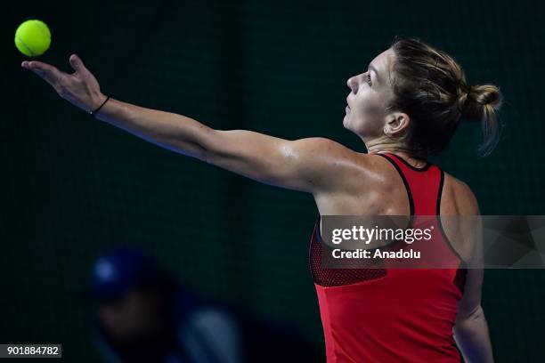 Simona Halep of Romania in action against Katerina Siniakova of Czech Republic during 2018 WTA Shenzhen Open single finals at Longgang International...
