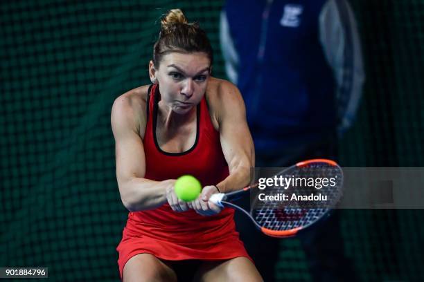 Simona Halep of Romania in action against Katerina Siniakova of Czech Republic during 2018 WTA Shenzhen Open single finals at Longgang International...