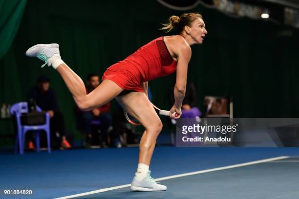 Simona Halep of Romania in action against Katerina Siniakova of Czech Republic during 2018 WTA Shenzhen Open single finals at Longgang International...