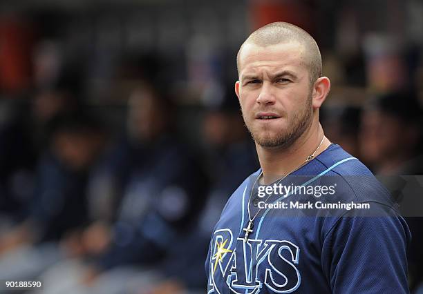 Evan Longoria of the Tampa Bay Rays looks on against the Detroit Tigers during the game at Comerica Park on August 30, 2009 in Detroit, Michigan. The...