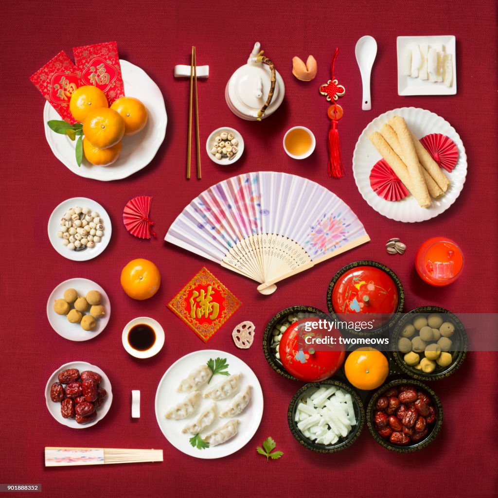 Chinese new year objects on red background.