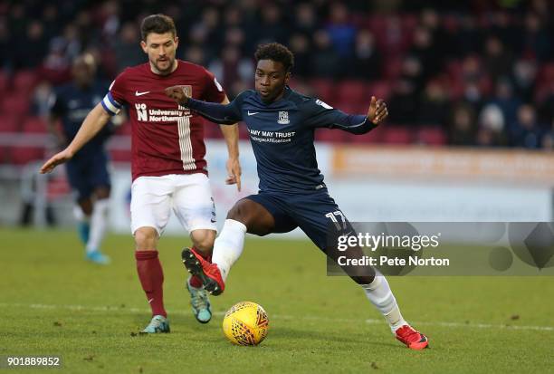 Jermaine McGlashan of Southend United looks to control the ball during the Sky Bet League One match between Northampton Town and Southend United at...