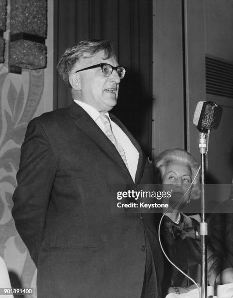 English scientist Bertram Vivian Bowden, Baron Bowden proposes a toast at the Institution of Chemical Engineers banquet at the Hilton Hotel on Park...