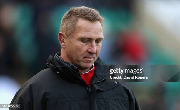 Johan Ackermann, the Gloucester head coach looks on during the Aviva Premiership match between Northampton Saints and Gloucester Rugby at Franklin's...