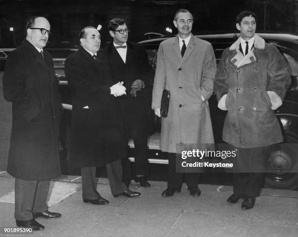 Directors of the government-owned company British Lion Films arrive at the Board of Trade in London to see Edward Heath, the Secretary of State for...