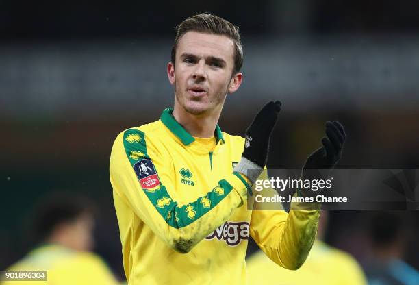 James Maddison of Norwich City shows appreciation to the fans after the The Emirates FA Cup Third Round match between Norwich City and Chelsea at...