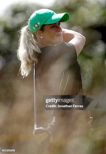 Suzann Pettersen tees off on the 9th hole during the final round of the Safeway Classic on August 30, 2009 on the Ghost Creek course at Pumpkin Ridge...