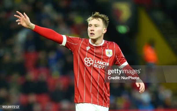 Bristol City's Cauley Woodrow during FA Cup 3rd Round match between Watford and Bristol City at Vicarage Road Stadium, Watford , England 06 Jan 2018.