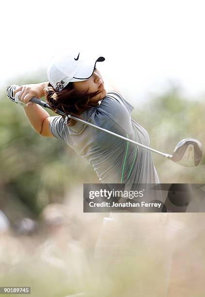 Michelle Wie tees off on the 9th hole during the final round of the Safeway Classic on August 30, 2009 on the Ghost Creek course at Pumpkin Ridge...