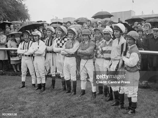 The two teams at the Chivas Regal Trophy, a three-race challenge between British and American jockeys at Sandown, UK, 22nd October 1980. From left to...