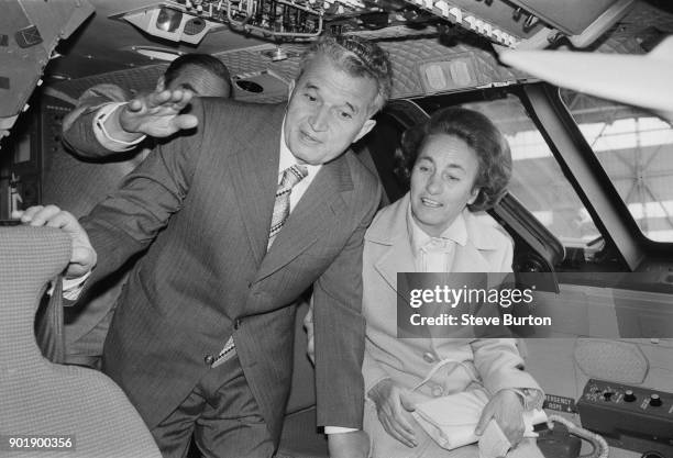 Romanian President Nicolae Ceausescu and his wife Elena in the cockpit of a Concorde during a visit to the British Aerospace and Rolls-Royce...