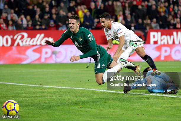 Zouhair Feddal of Real Betis, Wissam Ben Yedder of Sevilla FC, Antonio Adan of Real Betis during the La Liga Santander match between Sevilla v Real...