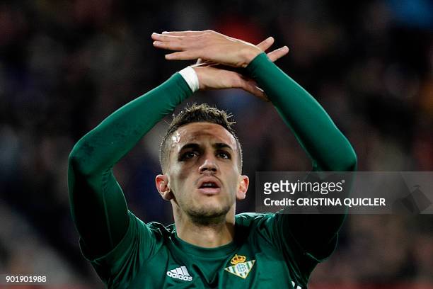 Real Betis' Moroccan defender Zou Feddal celebrates after scoring a goal during the Spanish league football match between Sevilla and Real Betis at...