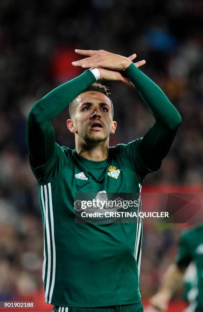 Real Betis' Moroccan defender Zou Feddal celebrates after scoring a goal during the Spanish league football match between Sevilla and Real Betis at...