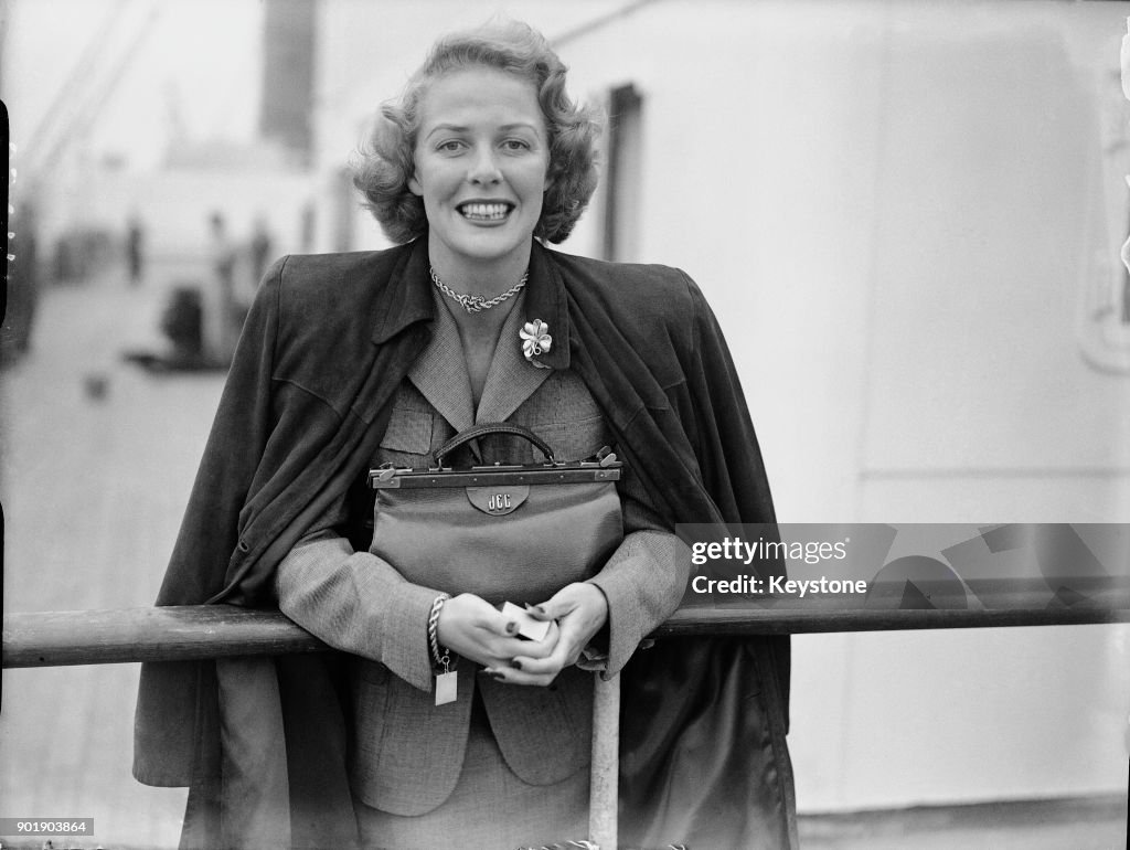 American actress Janis Carter arrives at Southampton on board the ...