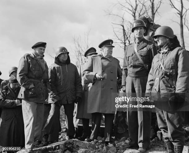 British Prime Minister Winston Churchill visits the citadel in Jülich, Germany during a visit to the Western Front, World War II, March 1945. From...