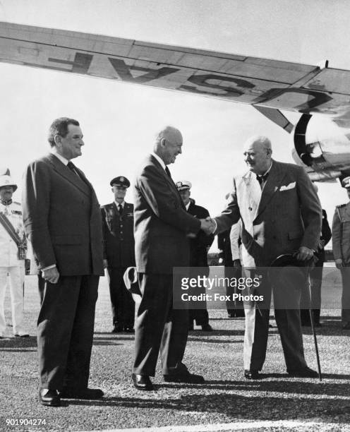 From left to right, French Prime Minister Joseph Laniel, US President Dwight D. Eisenhower, and British Prime Minister Winston Churchill , the 'Big...