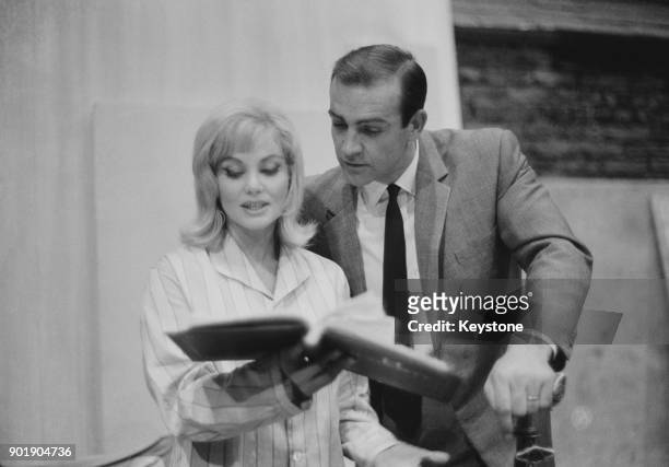 Scottish actor Sean Connery visits his wife, actress Diane Cilento while she films scenes for her latest movie 'Rattle of a Simple Man' at the...