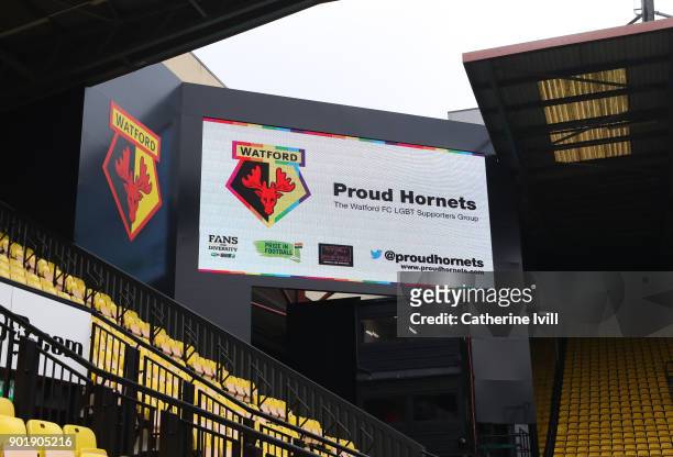 General view of the screen showing the LGBT supporters group before the Emirates FA Cup Third Round match between Watford and Bristol City at...