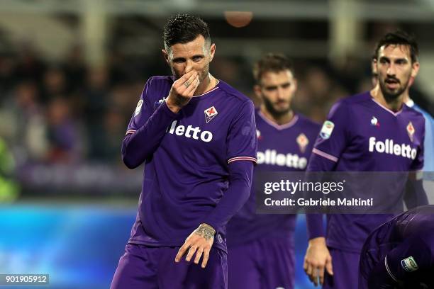 Cyril Thereau of ACF Fiorentina reacts during the serie A match between ACF Fiorentina and FC Internazionale at Stadio Artemio Franchi on January 5,...