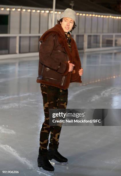 Model skates at the Band of Outsiders Presentation during London Fashion Week Men's January 2018 at Somerset House on January 6, 2018 in London,...