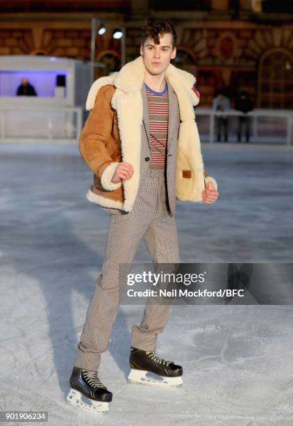 Model skates at the Band of Outsiders Presentation during London Fashion Week Men's January 2018 at Somerset House on January 6, 2018 in London,...