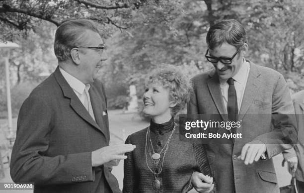 From left to right, Sir Michael Redgrave, Petula Clark and Peter O'Toole, the stars of the new MGM musical film 'Goodbye, Mr Chips', during a press...