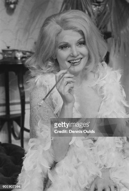 Australian actress Diane Cilento as Rosario in the play 'The Artful Widow' by Carlo Goldoni, during dress rehearsals at the Greenwich Theatre,...