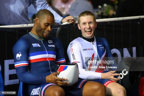 Jason Kenny of Great Britain and Gregory Bauge of France share a joke prior to their Sprint Final B race during the Revolution Series Champions...