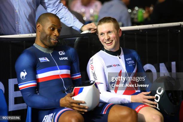 Jason Kenny of Great Britain and Gregory Bauge of France share a joke prior to their Sprint Final B race during the Revolution Series Champions...