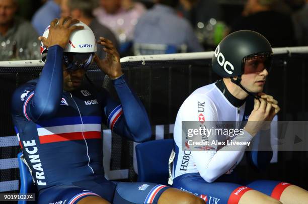 Jason Kenny of Great Britain and Gregory Bauge of France prepare for their Sprint Final B race during the Revolution Series Champions League Cycling...