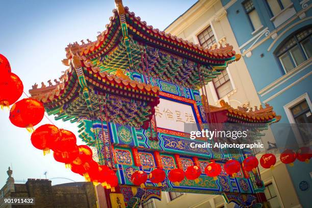 china town entrance in london - wonky fringe stock pictures, royalty-free photos & images