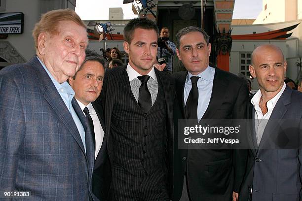 Sumner Redstone, Brad Grey, actor Chris Pine, John Lesher and Paramount's President of Production Brad Weston arrive on the red carpet of the Los...