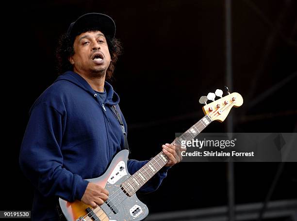 Sergio Vega of Deftones performs at Day 3 of The Leeds Festival on August 30, 2009 at Bramham Park in Leeds, England.