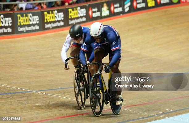 Gregory Bauge of France beats Jason Kenny of Great Britain in their Sprint Final C race to take the overall victory in the Men's Sprint Final during...