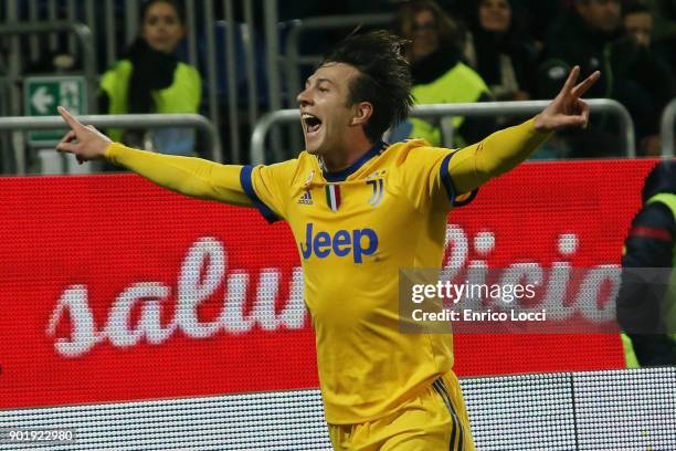 Federico Bernardeschi of Juventus celebrates his goal 0-1 during the serie A match between Cagliari Calcio and Juventus at Stadio Sant'Elia on...