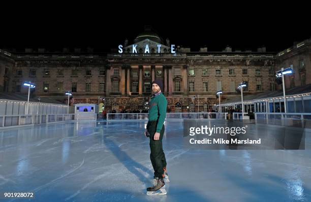 Model poses at the Band of Outsiders Presentation during London Fashion Week Men's January 2018 at Somerset House on January 6, 2018 in London,...
