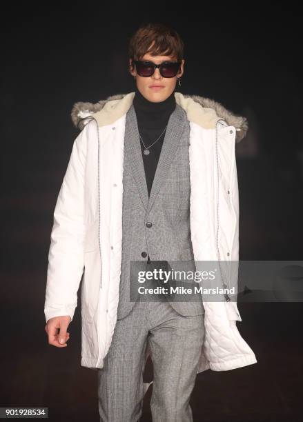 Model showcases a design at the Ben Sherman presentation during London Fashion Week Men's January 2018 at Embankment Galleries, Somerset House on...