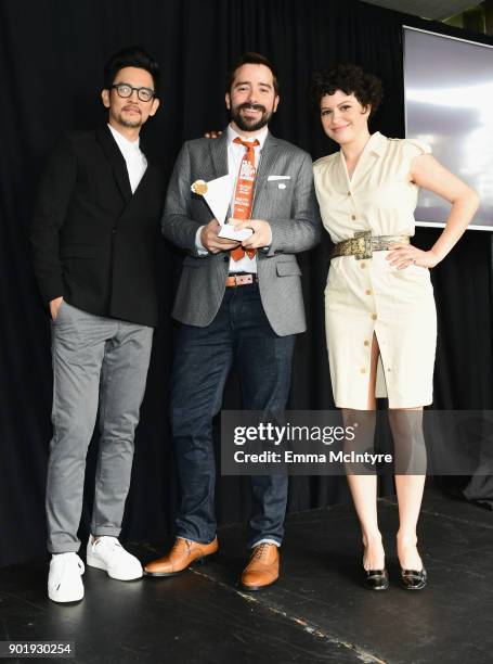 Matty Brown, winner of the Seattle Story Award with John Cho and Alia Shawkat pose onstage at the Film Independent Spirit Awards Nominee Brunch at...